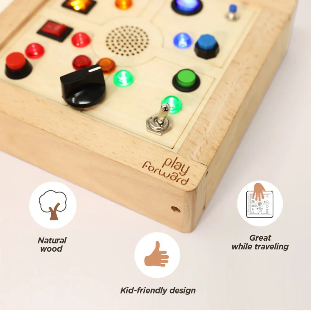Close-up of Busy Buttons sensory board.